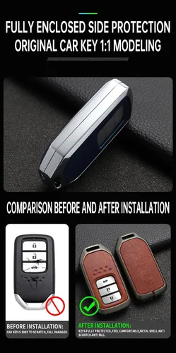 Miniatura 7 de ontto Funda de cuero para llavero de 360 grados de protección para Honda Civic Accord Pilot CRV HRV CRZ Fit Odyssey JED Crosstour Ridgeline Crider
