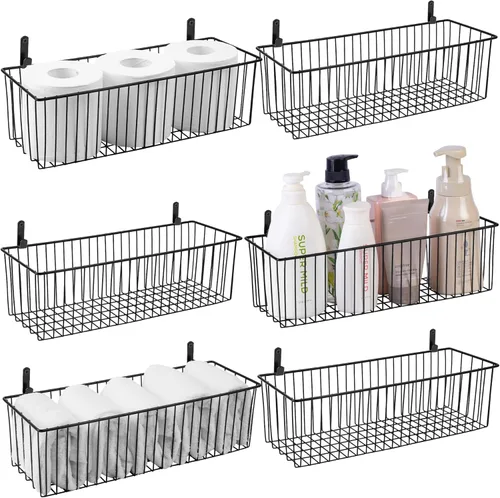 Miniatura 9 de Cesta de papel higiénico (paquete de 1) – Cesta de alambre negro de metal para decoración de cuarto de baño – Cestas de almacenamiento de alambre