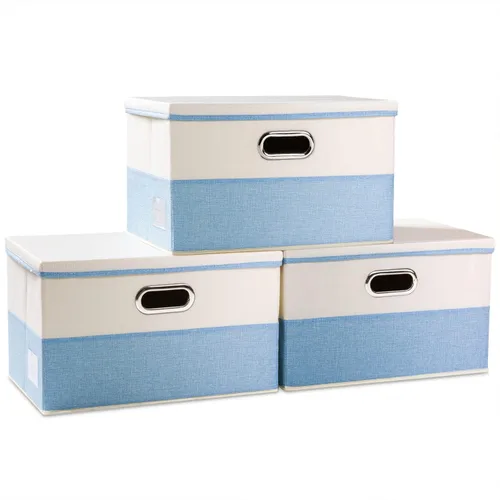Miniatura 50 de PRANDOM Contenedor de almacenamiento plegable con tapa [1 unidad] Caja de almacenamiento decorativa de tela de lino, cesta organizadora con asas
