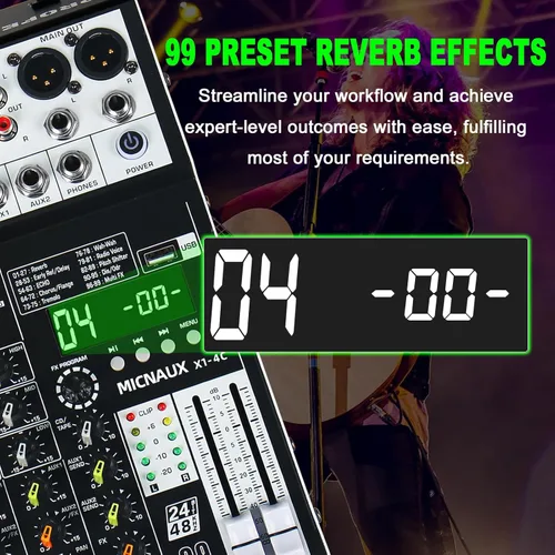 Miniatura 2 de Mezclador de audio de 4 canales, consola mezcladora de sonido profesional con 99 efectos DSP, mezclador de DJ pequeño con USB, Bluetooth, fuente