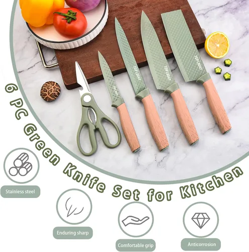 Miniatura 2 de Juego de cuchillos de cocina, 6 piezas, juego de cuchillos profesionales verdes con bloque de cuchillos universal, juego de cuchillos súper afilados