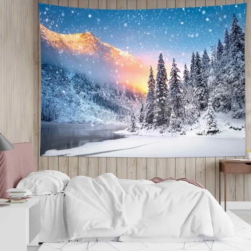 Miniatura 11 de LB Tapiz de Bosque de Nieve de Invierno, Pino Negro y Verde con Copo de Nieve Blanco Tapiz de Pared para Dormitorio, Arte de Pared de Paisaje