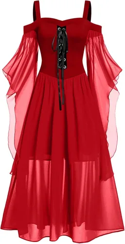 Miniatura 12 de Vestido gótico renacentista para mujer, disfraz de Halloween, hombros descubiertos, encaje y manga de trompeta, vestido medieval steampunk