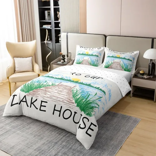 Miniatura 3 de Lake House - Funda de edredón 100 % algodón, tamaño individual, diseño de paisaje de lago y montaña, dibujado a mano, decoración de habitación