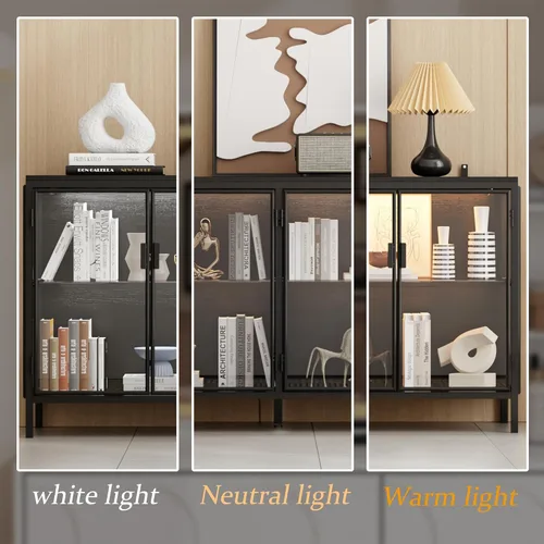Miniatura 4 de FUFU&GAGA Aparador buffet con luces LED, puertas de cristal, vitrina moderna con estantes de cristal, armario negro con patas de metal, para sala