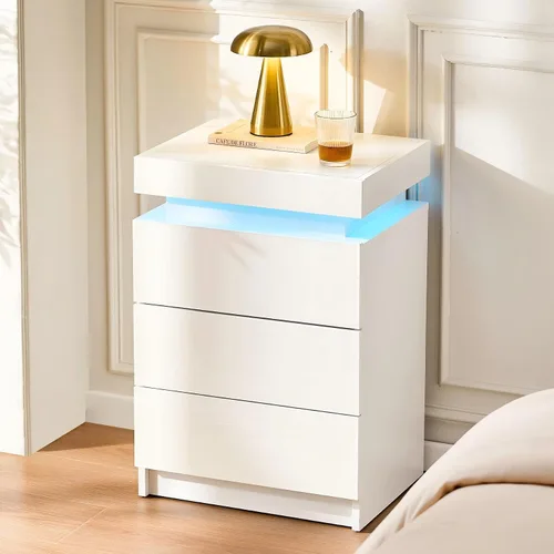 Miniatura 10 de CLIPOP Moderna mesita de noche, mesita de noche LED con 2 cajones de alto brillo, armario de mesita de noche con luz de control remoto, mesita