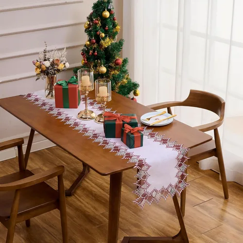 Miniatura 5 de Camino de mesa de lino de encaje rojo oscuro blanco de 36 pulgadas de largo, bufanda de aparador claret, decoración de mesa para Navidad, cocina