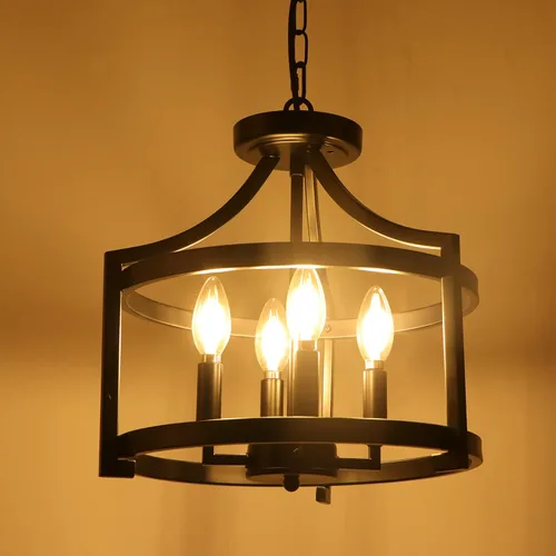 Miniatura 5 de Candelabro de granja de 4 luces, iluminación colgante moderna, lámpara de techo convertible semiempotrada rústica vintage en negro para comedor
