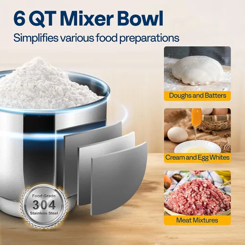 Miniatura 3 de VIVOHOME - Batidora de mesa 3 en 1, mezclador eléctrico de cocina con cabezal inclinable de 6 cuartos de galón con tazón, mezclador de alimentos Rojo