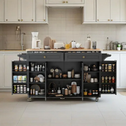Miniatura 14 de Carrito para isla de cocina con almacenamiento y ruedas, isla de cocina rodante grande de 150 cm con hoja abatible, isla móvil para cocina