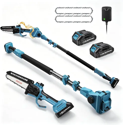 Takuoo Sierra de poste eléctrica 2 en 1, mini motosierra inalámbrica de 6 pulgadas con poste de extensión, 2 x 2.0 Ah 21 V, alcance máximo de 15