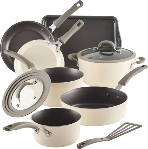 Rachael Ray Cook + Create - Juego de ollas y sartenes antiadherentes, incluye bandeja para hornear y utensilios de cocina, 10 piezas - color almendra