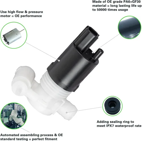 Miniatura 4 de 1 pieza Nuevo Motor de Bomba de Lavado de Parabrisas 12V para Delantero/Trasero con Reemplazo de Juego de Anillo de Sellado Compatible con Durango