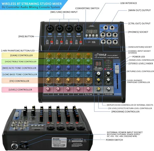 Miniatura 2 de Pyle Mezclador de audio profesional de 6 canales - USB - Bluetooth - Alimentación fantasma de 48 V - Entrada digital MP3 - FX 16 bits DSP - Interfaz