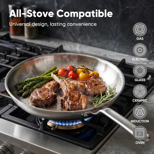 Miniatura 4 de Sartén de Acero Inoxidable de 10 Pulgadas - Sartén de 5 Capas con Núcleo de Aluminio, Calentamiento Uniforme y Duradera, Utensilios de Cocina