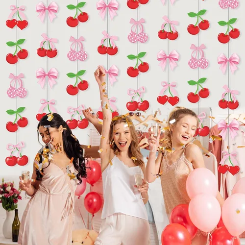Miniatura 6 de Xinnun Decoraciones de Fiesta de Cerezas Pancartas Colgantes con Lazo Rosa Guirnalda Cerezas Decoraciones de Baby Shower Recortes Cintas Serpentinas