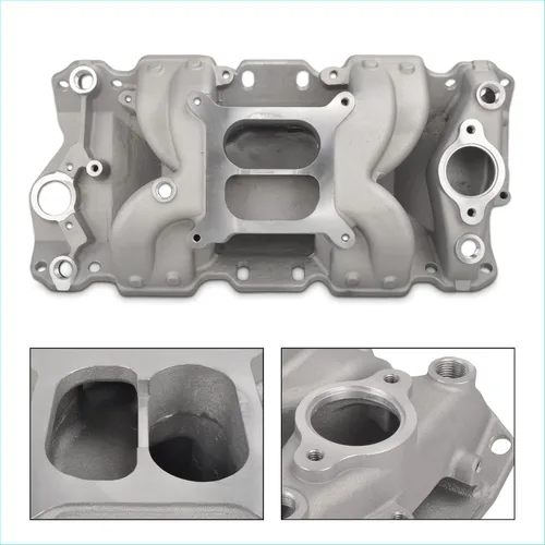 Miniatura 2 de Colector de admisión de doble plano satinado Compatible con SBC de bloque pequeño Chevy 265 350 400 de 1956-1986