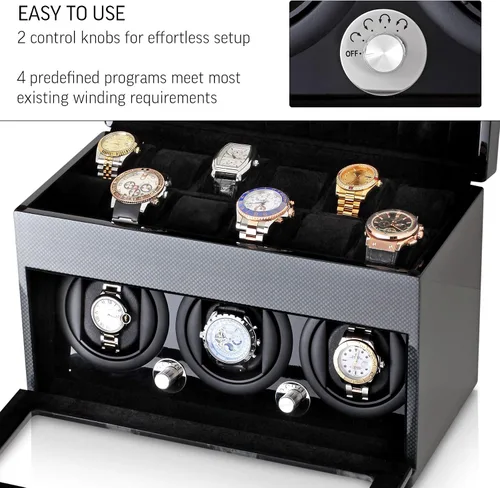Miniatura 5 de Enrollador de reloj y caja de almacenamiento para enrollar 3 relojes automáticos y 12 espacios de almacenamiento de relojes