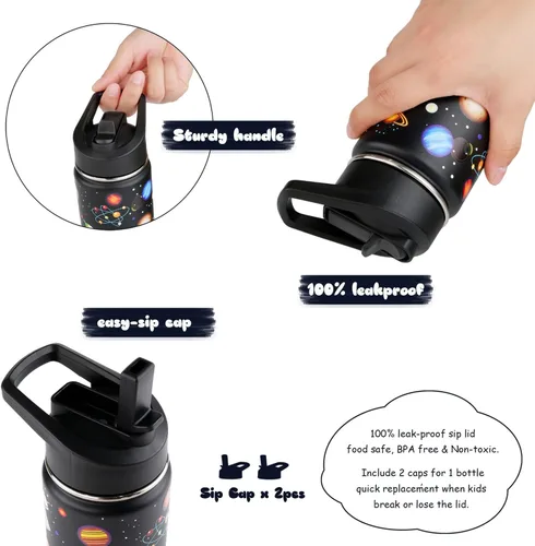 Miniatura 4 de Botella de agua para niños con aislamiento de acero inoxidable de 16 onzas, a prueba de fugas, termo de metal con tapa con pajilla, bonito vaso