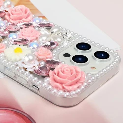 Miniatura 4 de para iPhone 14 Pro - Funda con Purpurina y Diamantes de Imitación, de Lujo, con Cristales Brillantes, Flores de Rosa, Perlas Florales, Pulseras