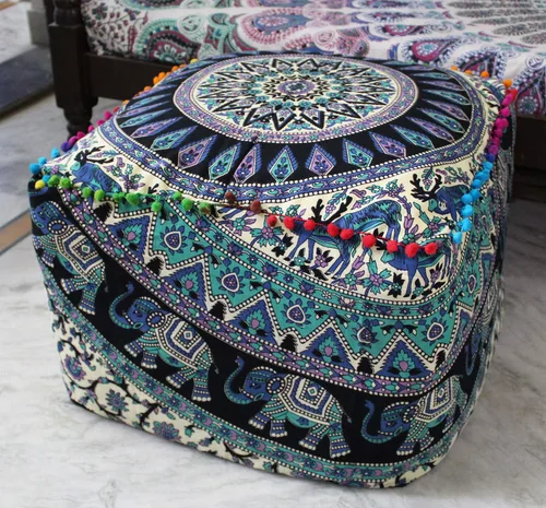 Miniatura 6 de CRAFT KALA Funda de puf tradicional de retazos cuadrados indios, funda para puf de sala de estar india, diseño otomano, decoración otomana, Elefante