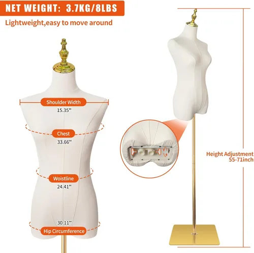 Miniatura 2 de Torso de maniquí femenino, forma de vestido para coser de 55 a 71 pulgadas, modelo de mujer de altura ajustable, cuerpo de maniquí de alta