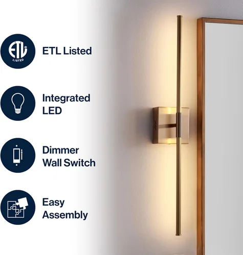 Miniatura 3 de JONATHAN Y Aplique de pared LED integrado de latón dorado de 28 pulgadas, luz de tocador de metal para espejo de baño, dormitorio, pasillo, elegante