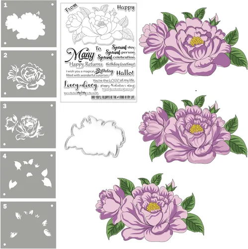 Alinacutle Sellos de flores de peonía, plantillas troqueladas, juego de sellos transparentes, plantillas de capas de corte de metal para hacer