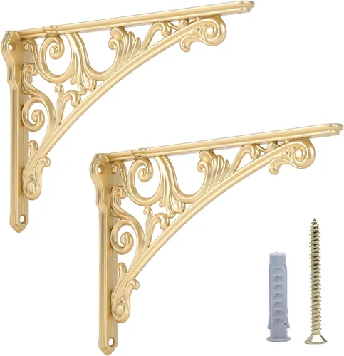Miniatura 9 de HARPOON Soportes de estante de 8 pulgadas, paquete de 2 soportes de pared resistentes barrocos para cocina, estantes decorativos de latón antiguo