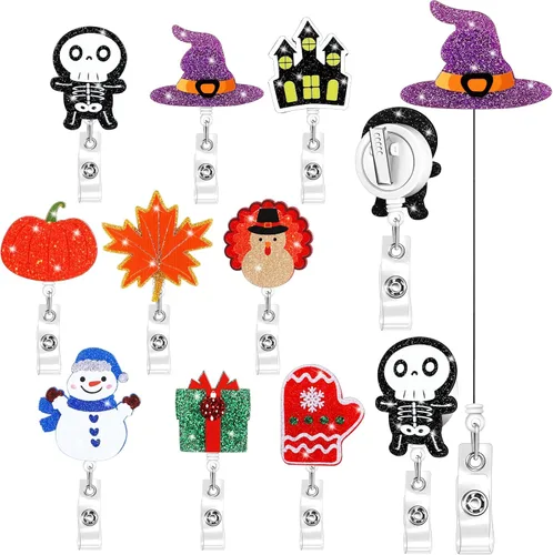 Miniatura 8 de 9 piezas de portarretes de insignia de Halloween con purpurina divertida para Halloween, fantasma, calabaza, insignias, retráctiles, lindos carretes