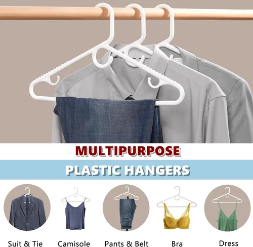 Miniatura 7 de Amber Home Paquete de 36 perchas de plástico resistentes, perchas blancas antideslizantes con barra para pantalones, perchas de plástico grueso