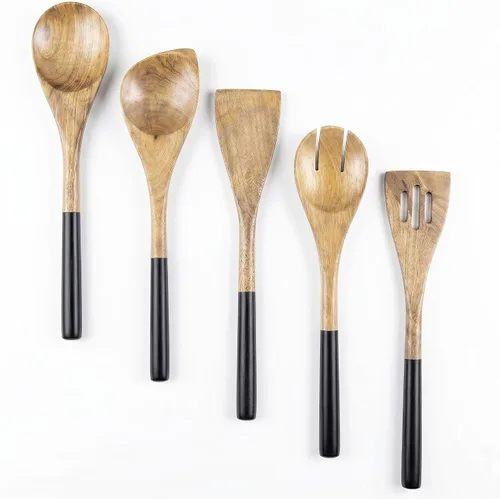 Juego de 5 cucharas de madera para cocinar, juego de utensilios de cocina de teca natural, superficie antiadherente lisa, juego de espátulas de