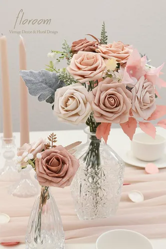 Miniatura 2 de Floroom Flores artificiales, 25 piezas de rosas falsas de espuma de color melocotón Morandi de aspecto real con tallos para ramos de boda, Sombras