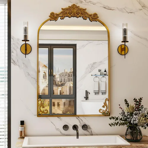 Miniatura 10 de Espejo de baño arqueado de 38" x 26", espejo de pared con marco de metal tallado y arte tallado en la parte inferior, espejo de tocador