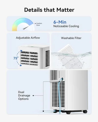Miniatura 7 de Feelfunn Aire acondicionado portátil de 8000 BTU, 3 en 1, enfría 350 pies cuadrados, CA silenciosa con ventilador y deshumidificador, pantalla LED