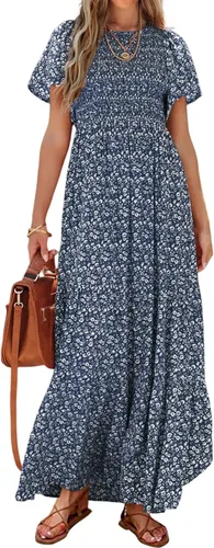 Miniatura 23 de PRETTYGARDEN - Vestido largo casual de verano para mujer, manga corta acampanada, bohemio, floral, cuello redondo, vestido blusón, escalonado