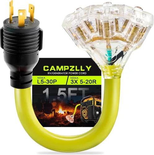 Cable Adaptador de Generador RV de 30 Amperios a 20 Amperios 110, Adaptador de Distribución NEMA L5-30P a 3X 5-15R/5-20R con Indicador de Energía