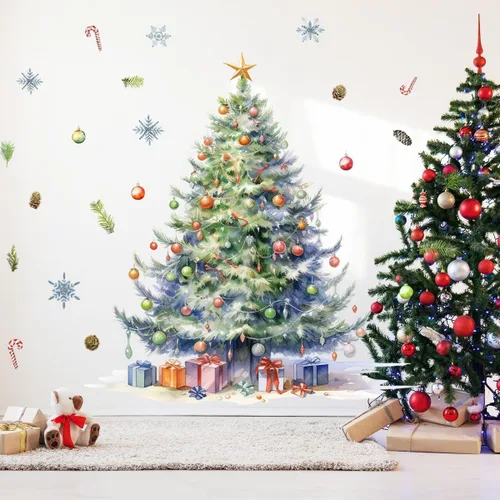 Miniatura 10 de 59x47 Pulgadas Adhesivos de Árbol de Navidad Azul Grande para Pared, Extraíbles DIY, Adhesivos de Árbol de Navidad Acuarela Gigantes para Baño