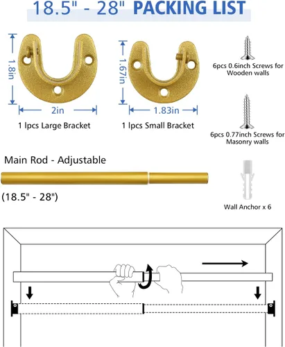 Miniatura 6 de Barras de armario para colgar ropa, resistentes, longitud ajustable (#1 dorado, 18.5 - 28 pulgadas)