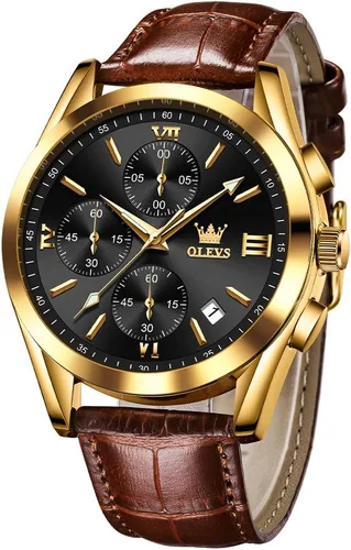 Miniatura 22 de OLEVS - Relojes para hombre, de cuero marrón, caja dorada, analógico, de cuarzo, de moda, para negocios, reloj de vestir, con fecha, luminoso