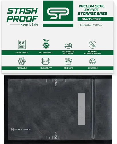 Bolsas de polietileno de almacenamiento resistentes con cierre al vacío de 7 x 11 pulgadas (negro y transparente) (100 unidades) sin BPA de 5.5 mil,