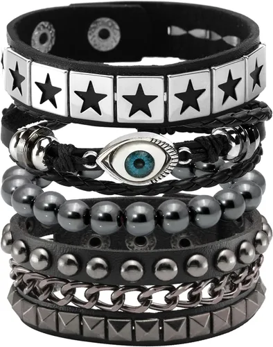 Miniatura 20 de Eigso Pulseras de cuero punk rock para hombres y mujeres, estilo retro, vintage, cadena de los años 80, para hombre y mujer