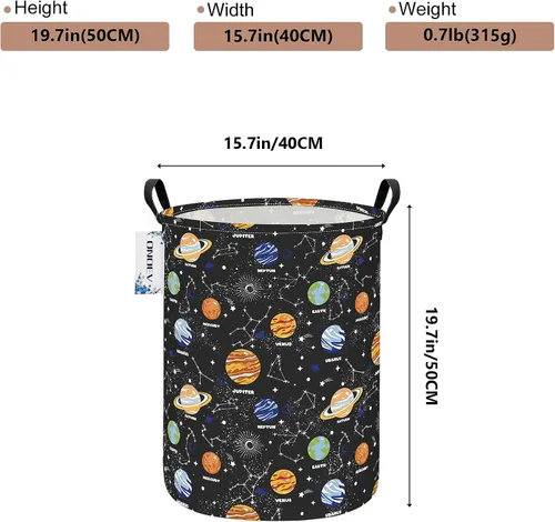 Miniatura 2 de Cesta de lavandería para niños, grande, plegable, redonda, con sistema solar, con temática espacial, organizador de planetas de tela impermeable