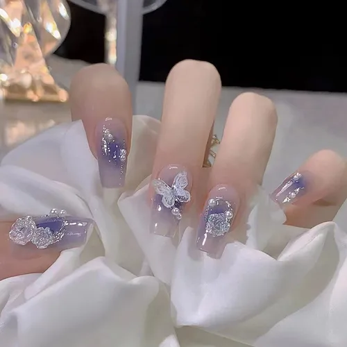 Miniatura 9 de Uñas postizas a presión con diseños de longitud media, forma de ataúd, cobertura completa, reutilizables, con pegamento, uñas adhesivas