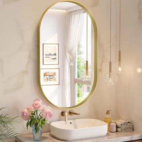 Miniatura 19 de Brightify - Espejo ovalado dorado para tocador de baño de 20x30 pulgadas, espejos de marco de metal dorado para pared, espejo moderno
