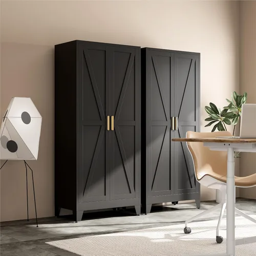 Miniatura 5 de Armario de metal con puertas y estantes, armario de dormitorio de granja de 71 pulgadas con barra de suspensión y estante para ropa, armario