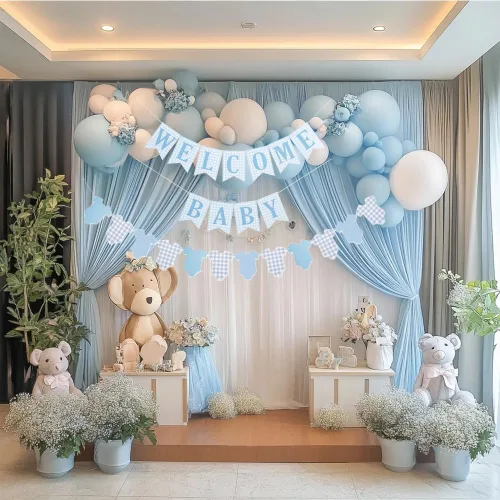 Miniatura 8 de Cartel de baby shower para bebé, 2 piezas preencordadas de tela de bienvenida a cuadros azules para bebé y cuerpo, para decoración de fiesta de baby