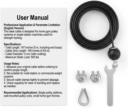 Miniatura 2 de QWORK Cable de polea de fitness de 197 pulgadas, reemplazo del sistema de polea de cable de gimnasio en casa, cuerda de alambre de acero