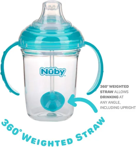 Miniatura 5 de Nuby No Spill 360 - Vaso de Tritan con agarre y popote ponderado N' Sip con cubierta higiénica, 8 onzas, vaso de entrenamiento, verde azulado