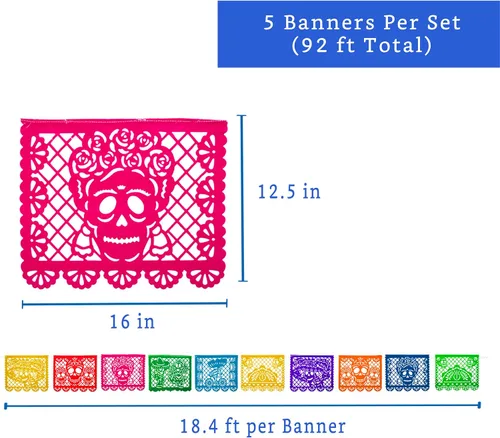 Miniatura 4 de Pancartas de fiesta mexicana (paquete de 5, 10 diseños de banderas de plástico por bandera) + piñata mexicana (grande de 32 pulgadas), pancarta